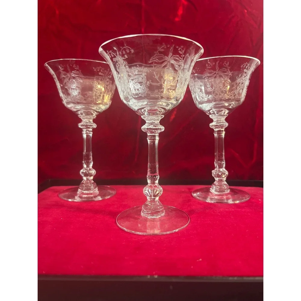 Vintage Fostoria Orchid Etched Crystal‎ Champagne Coupe Glasses Set of 3 5.5